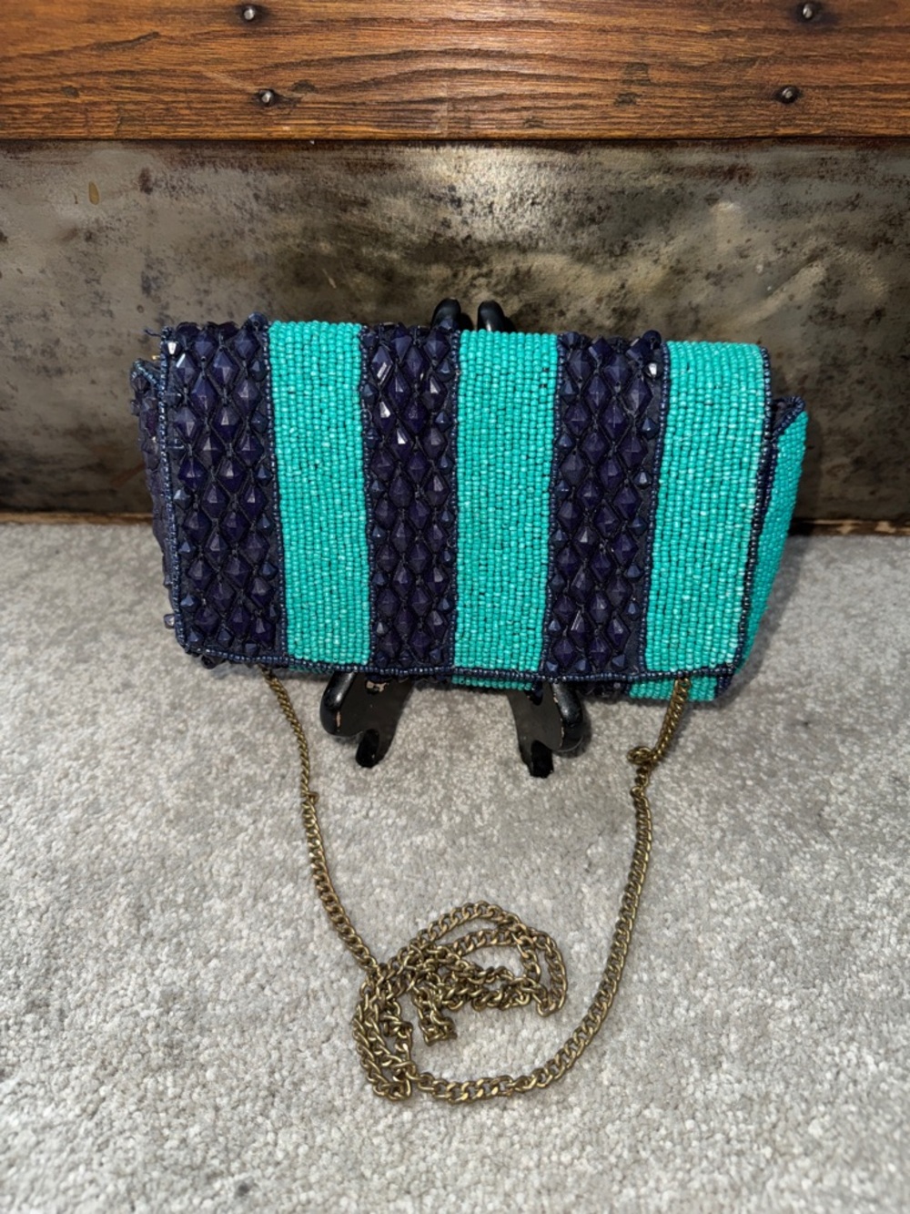 Beaded Stripe Clutch with Chain Strap in Teal & Navy